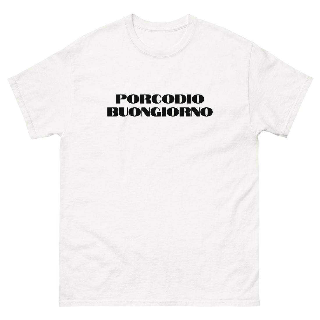 T-shirt Porcodio Buongiorno in stile streetwear ironico indossata in un outfit urbano unisex